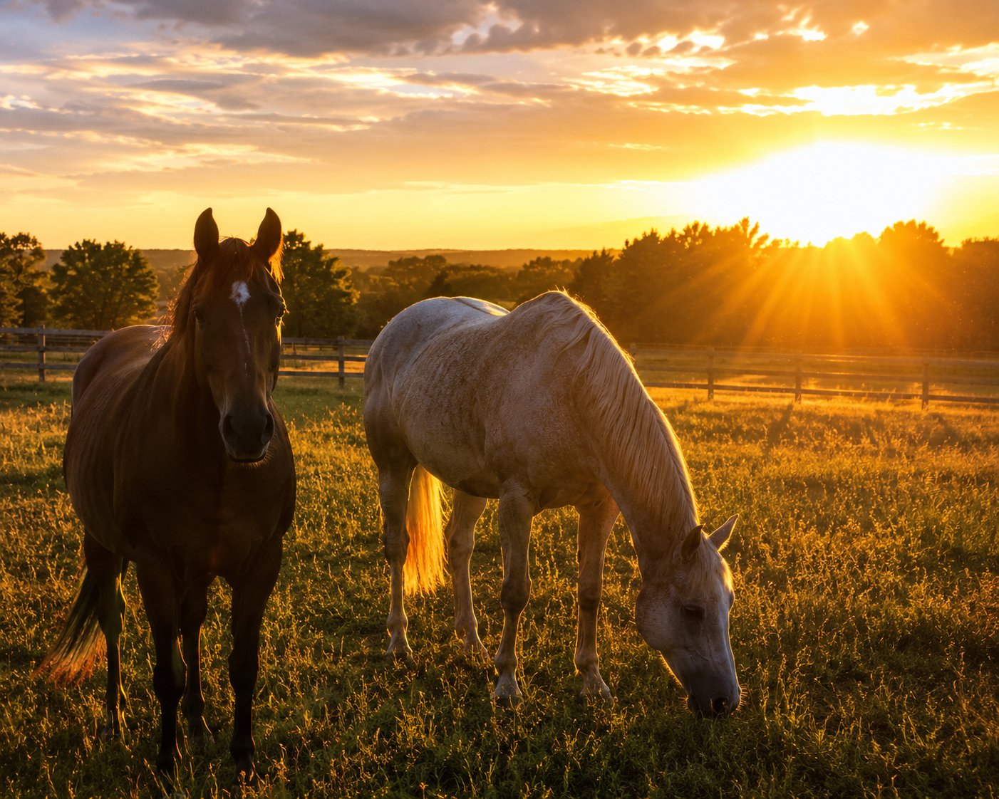 two horses in pasture with sun in background